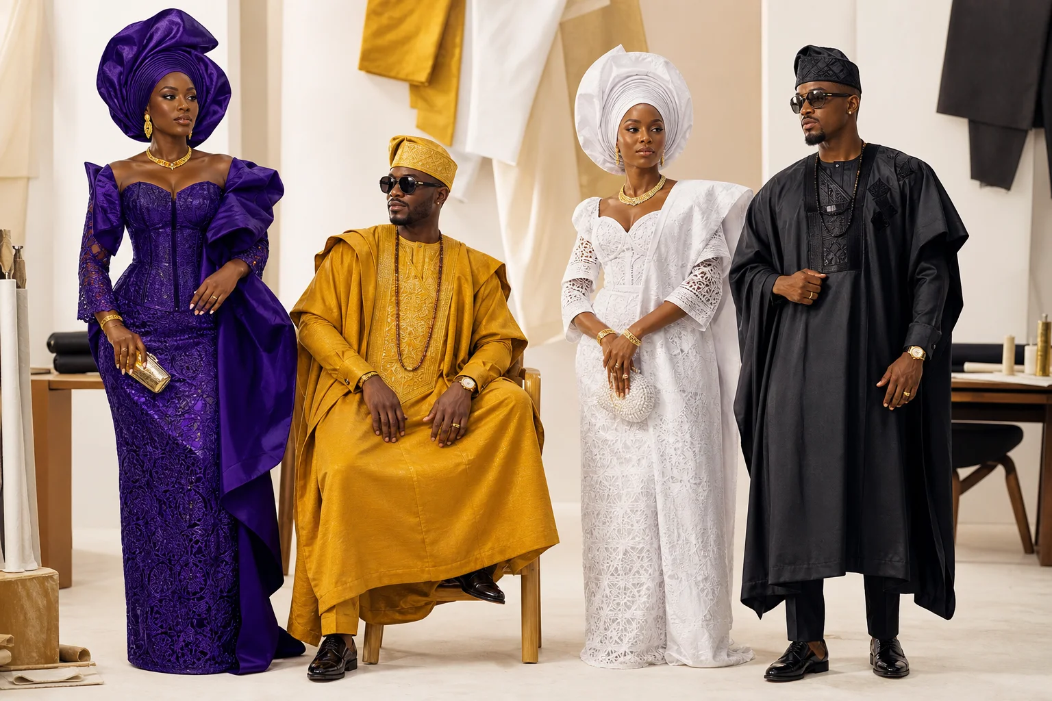 Four coordinated West African wedding guest looks in purple, gold, white and black