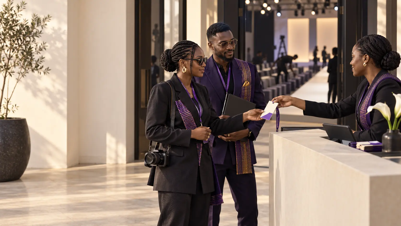 Fashion professionals collecting an accreditation pass at a runway venue