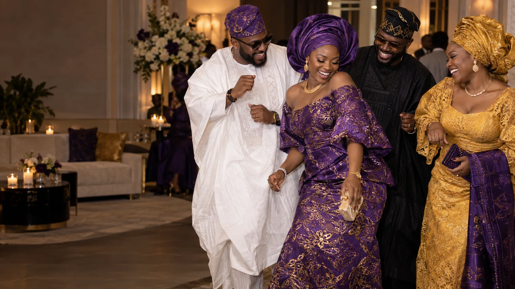 Guests dancing together in traditional Nigerian occasionwear