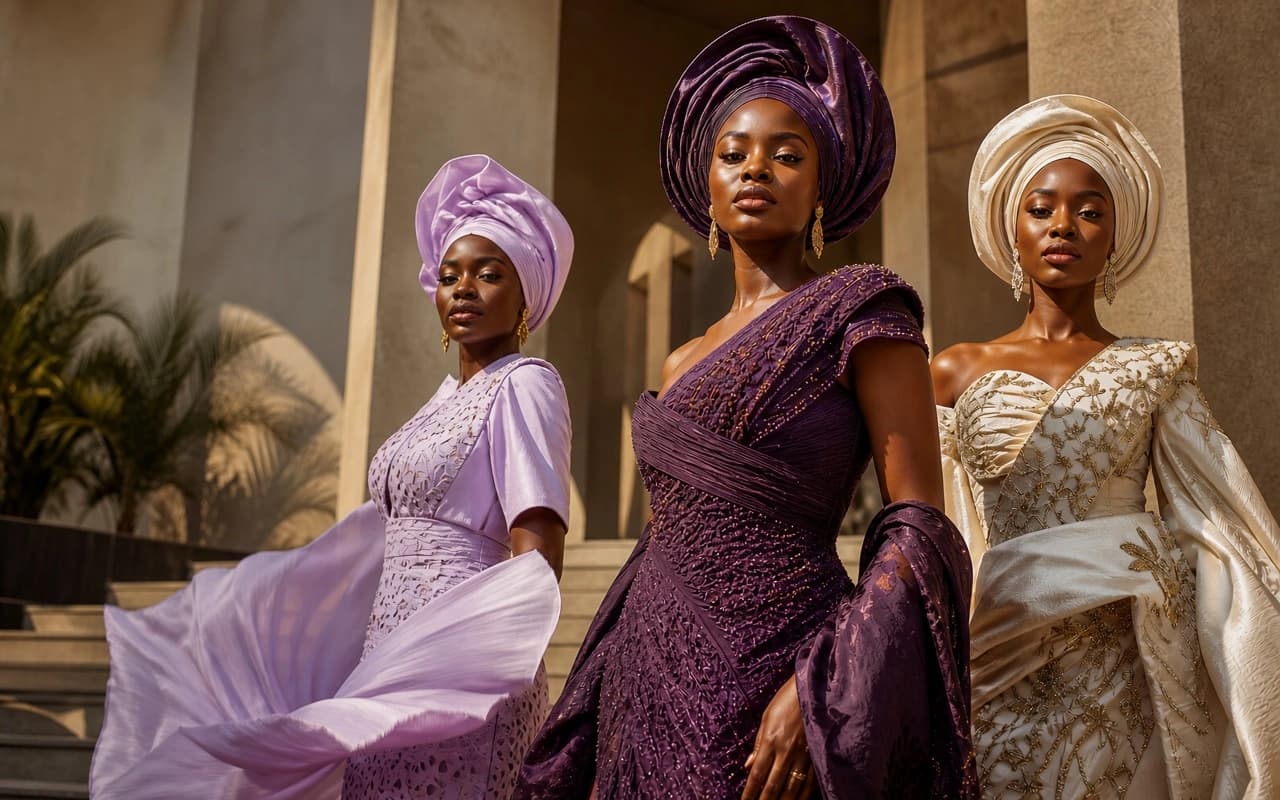 Three models wearing contemporary purple, lilac and ivory Asoebi looks