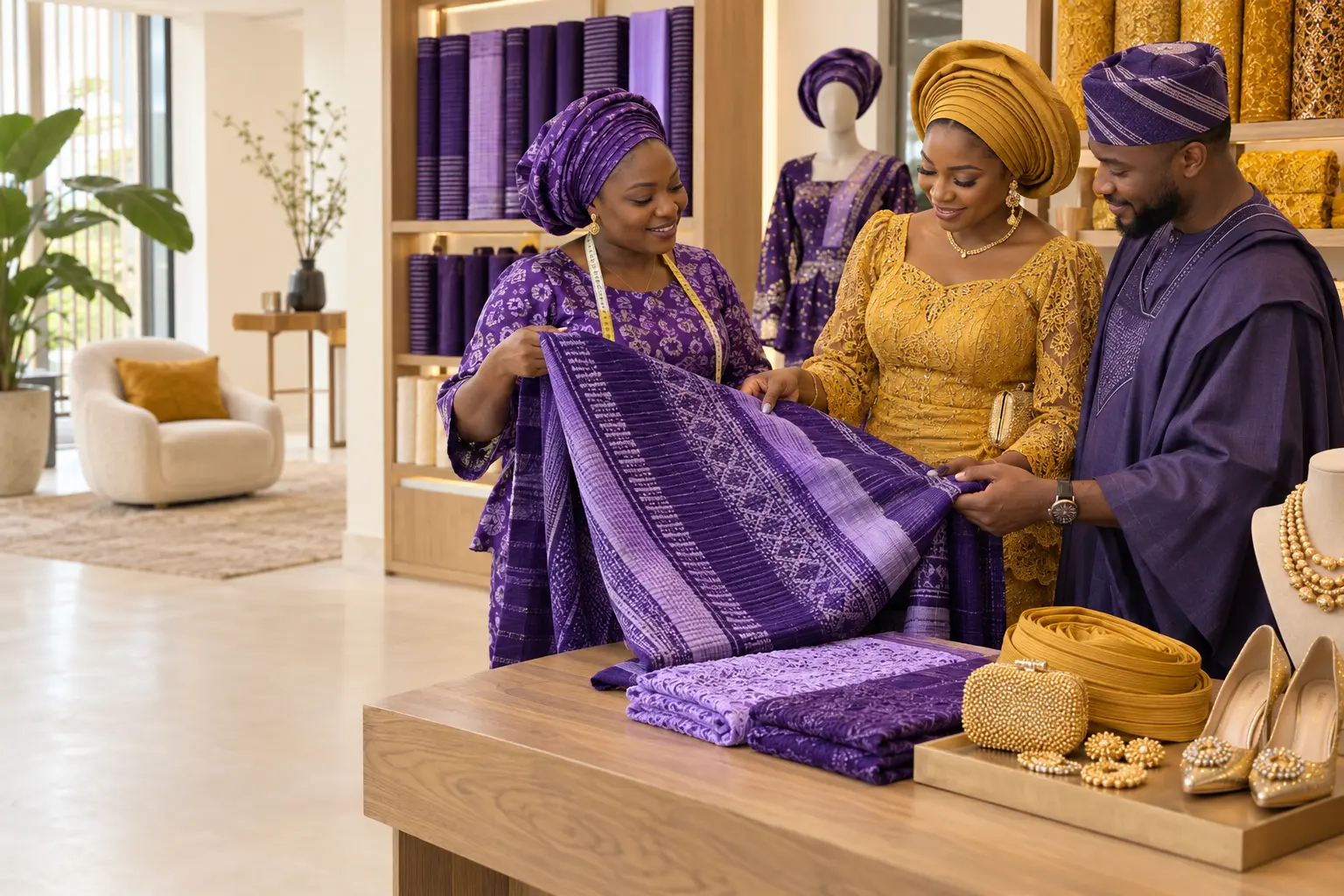 A fabric seller helping customers choose coordinated Asoebi textiles
